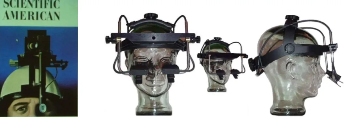 Figura  3:  À  esquerda,  o  Eye  Tracker  desenvolvido  por  Mackworth  e  Thomas  (1962)  baseado numa câmara de cinema de 8 mm