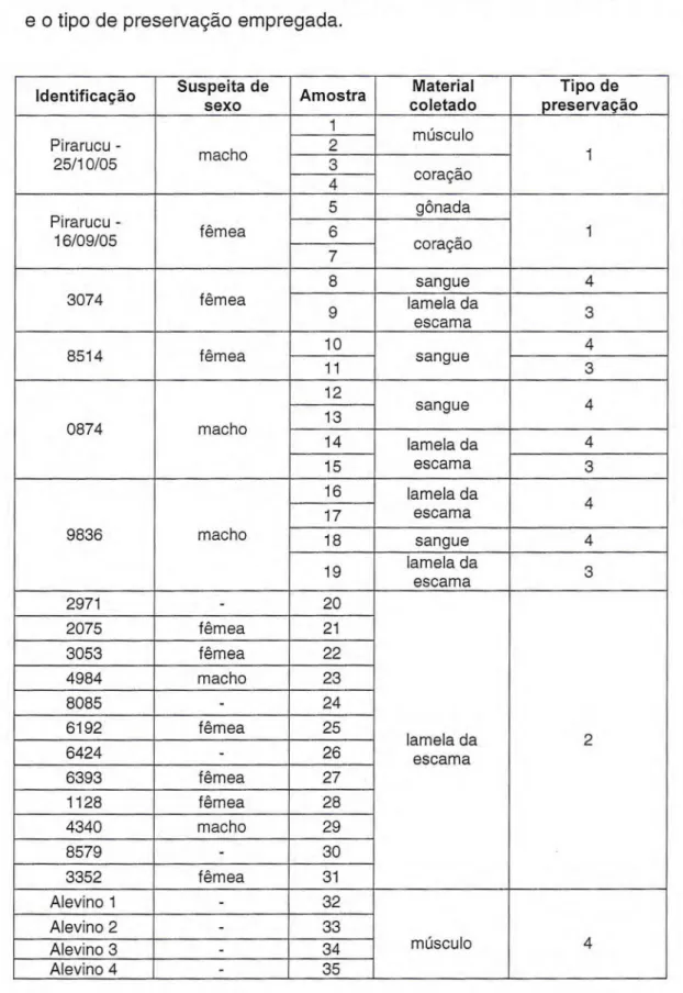 Tabela 1: Identificação dos indivíduos com a suspeita do sexo a partir de  características fenotípicas, seus respectivos tecidos amostrados para extração  e o tipo de preservação empregada