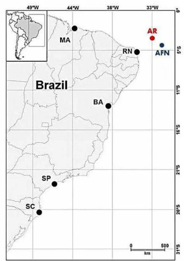 Figura  1.  Mapa  indicando  os  pontos  do  litoral  e  ilhas  oceânicas  brasileiras 