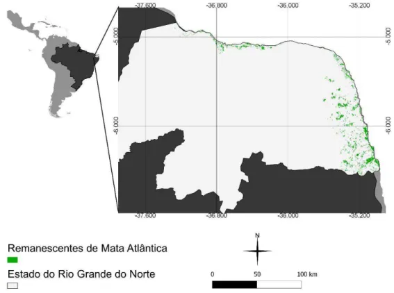 Figura 14. Remanescentes de Mata Atlântica no Rio Grande do Norte. Fonte de dados SNE (2002).