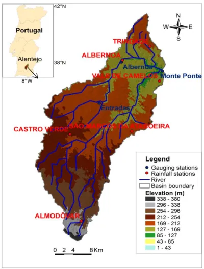 Fig. 3.1 Map showing elevations, gauging stations, rainfall stations and watercourses of  the Cobres basin