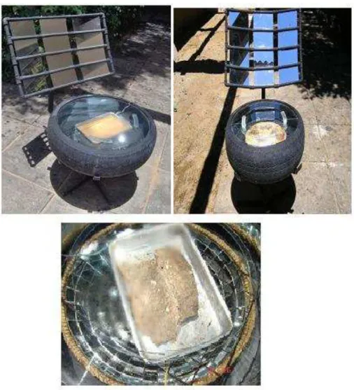 Figura 15.  Forno solar utilizando uma sucata de pneu na operação de assamento.   Fonte: Gomes 