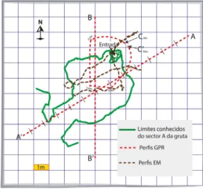 Figura 2- Limites do setor A da Lapa do Sono,  com a localização dos perfis de prospeção  geofísica realizados.