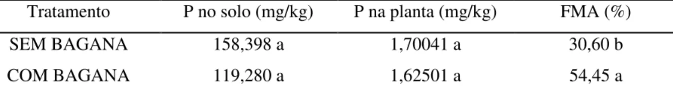 Tabela  9.  Comparação  de  médias  da  percentagem  de  colonização  por  fungos  micorrízicos  arbusculares (FMA) e de fósforo no solo e no tecido vegetal em resposta ao uso de bagana de  carnaúba