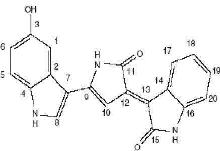 Figura 1.  Estrutura química da violaceína: 3-(1,2-dihidro-5-(5-hidrox-1H-indol-3 yl)-2- yl)-2-oxo-3H-pirrol-3-ilideno)-1,3-dihidro-2H-indol-2-one)