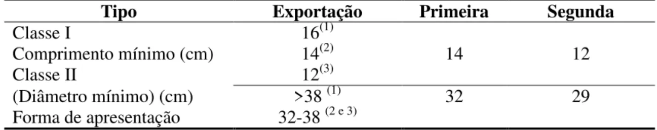 Tabela 3 - Classificação de banana prata segundo comprimento e diâmetro 