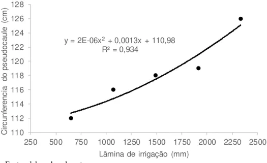 Gráfico  2  –   Efeito  da  lâmina  de  irrigação  acumulada  no  ciclo  na  circunferência  do  pseudocaule  das  plantas  na  emissão  do  cacho  da  bananeira cv