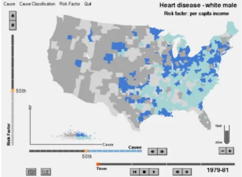 Figure 2.6: HealthVisB application with an interactive map and a scatterplot 8