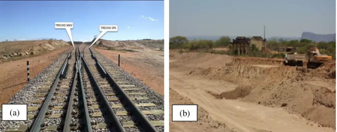 Figura 8 – (a) À esquerda, entroncamento central da Ferrovia Nova Transnordestina; (b) À direita, ruínas  da velha estação ferroviária Felipe Camarão.