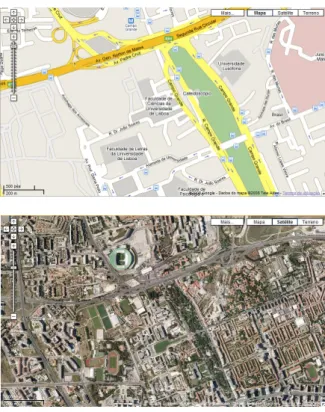 Figura 2.8 Imagens do Google Maps. Em cima vista de “Mapa”, em baixo vista de “Satélite” 