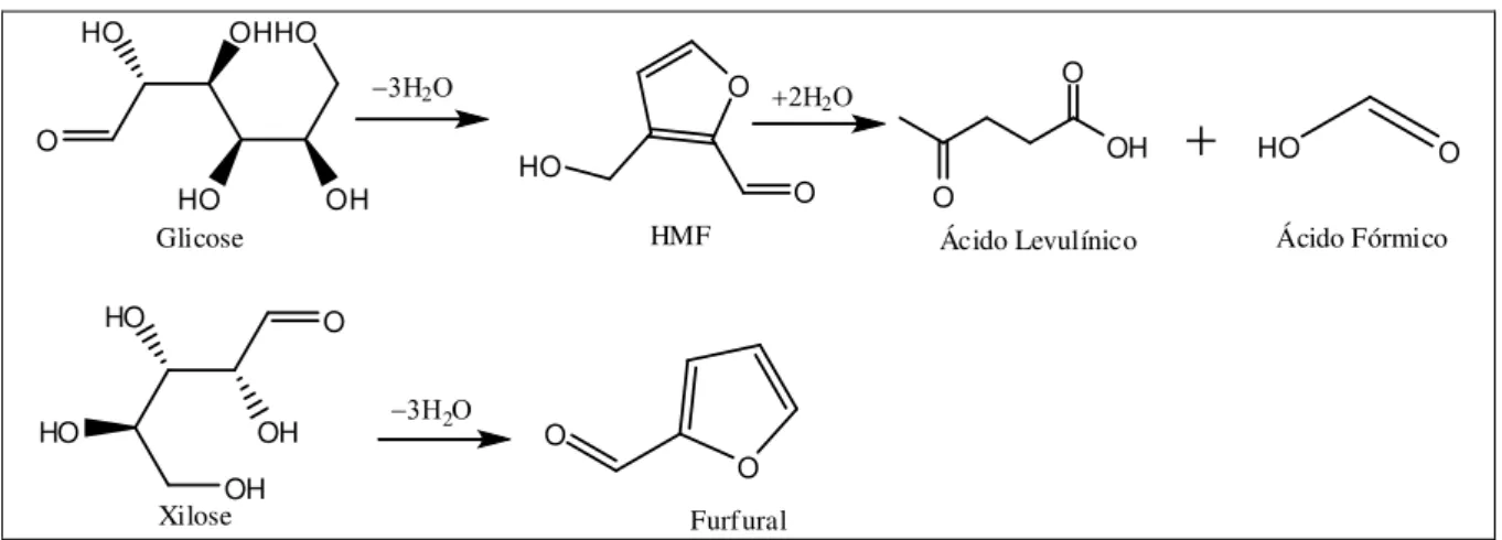 Figura 2.3  Formação de furfural, hidroximetilfurfural, ácido levulínico e ácido fórmico a partir dos  monossacarídeos glicose e xilose em meio ácido 
