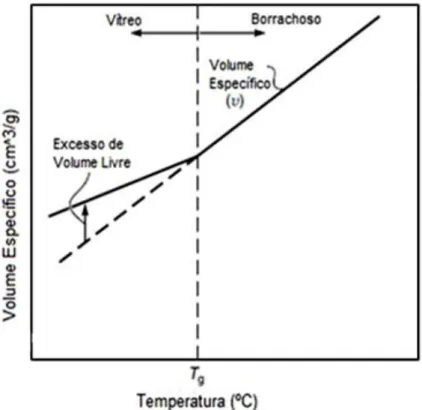 Figura 2.5 Ilustração da variação do volume específico de um polímero amorfo  em função da temperatura (adaptado de [1])