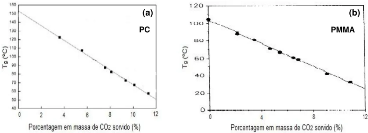 Figura  2.7  Redução  da  T g  dos  homopolímeros  PC  e  PMMA  em  função  da  quantidade  de  CO 2  sorvida,  evidenciando  o  fenômeno  da  plastificação