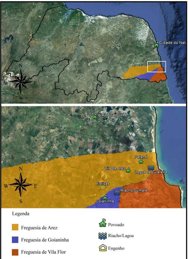 Figura 1. Mapa aproximado das freguesias de Arez e de Goianinha e   detalhe do mapa com localidades das freguesias 
