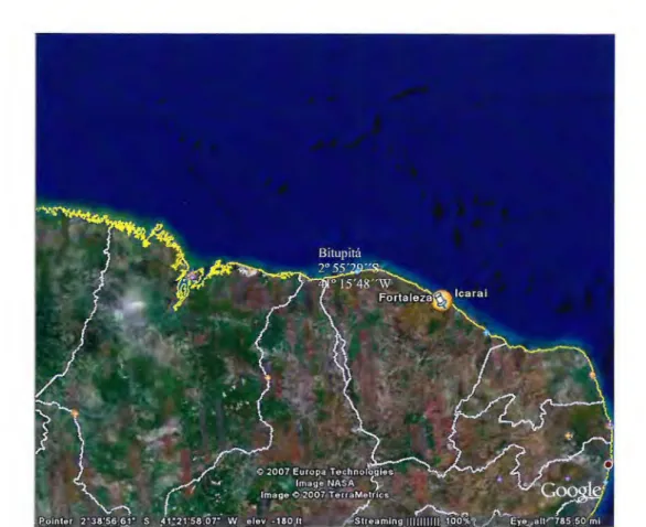Figura 1 — Mapa da Região Nordeste, mostrando a posição do Distrito de Bitupitá, no  Município de Barroquinha, na fronteira dos estados do Ceará e Piauí (Fonte: Google Earth)