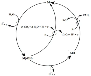Figura 2.1: Representação esquemática da oxidação eletroquímica de orgânicos sobre ânodos de óxidos  metálicos (MO x ), formando superóxidos (MO x+1 )