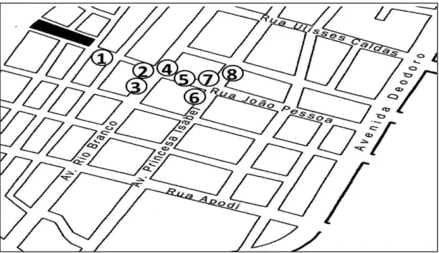 Figura  04  -  Mapa  e  localização  de  estabelecimentos  do  Grande  Ponto.  Fonte:  (MIRANDA, 1999: 132) imagem adaptada pelo autor