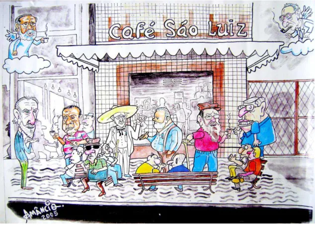 Figura 11 - Caricatura de autoria de Amâncio de 2005. A imagem representa o Café São Luiz e  seus mais conhecidos frequentadores
