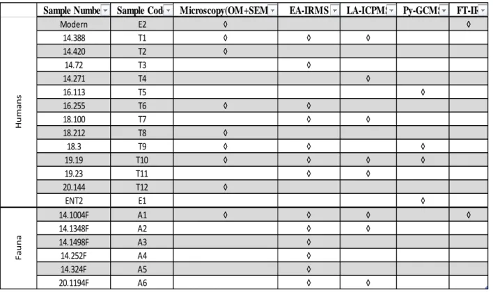 Table 2. List of samples with the techniques applied on them. 