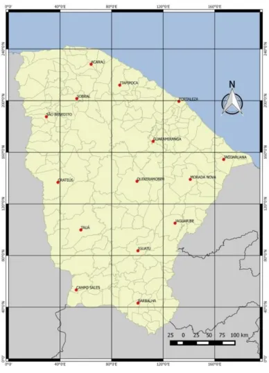 Figura 1. Localização dos municípios de obtenção dos dados para o cálculo da FMA 