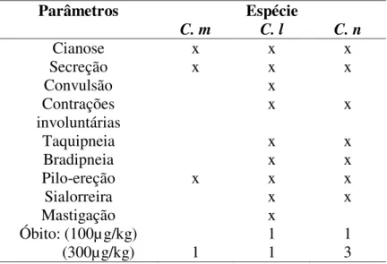 Tabela 4 - Resultados dos efeitos sintomáticos de envenenamento gerados pela peçonhas de C