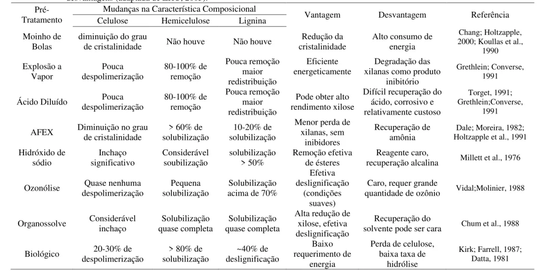 Tabela  2.3  -  Mudanças  nas  características  composicionais  da  biomassa  devido  a  alguns  tipos  de  pré-tratamento,  além  de  suas  vantagens  e  desvantagens (adaptada de ZHU, 2005)
