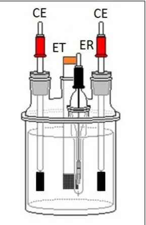 FIGURA 2.1  –  Representação esquemática da célula eletroquímica e respectivos  eletrodos: trabalho (ET), referência (ER) e contra eletrodo (CE)