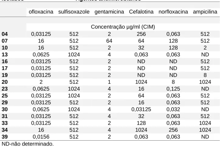 Tabela 3. Determinação do CIM dos agentes antimicrobianos para os isolados de E. 