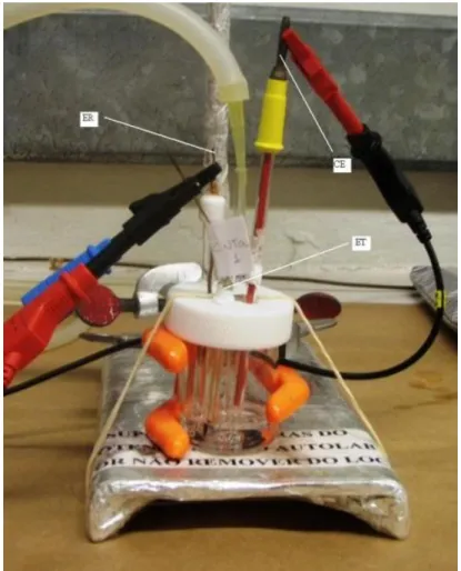 FIGURA 2.2 - Foto ilustrativa da célula eletroquímica utilizada: eletrodo de referência,  ER (eletrodo de Ag/AgCl em meio de KCl saturado), eletrodo de trabalho, ET (pasta de  CNTs) e contra eletrodo, CE (espiral de Pt) 