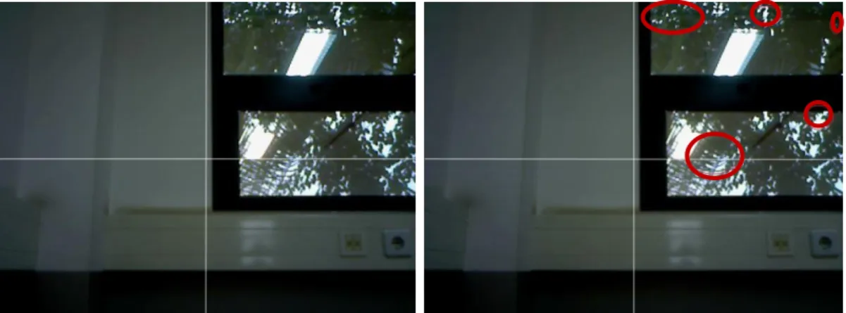 Figure 3.2 Pictures taken with the application when the user was on a break with half second of interval, the  right picture contain red indications of movement compared with image on left 