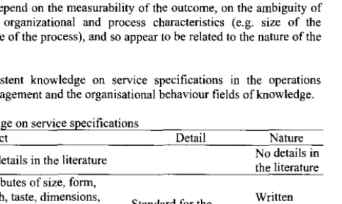 Table 2 synthesises the existent knowledge on service specifications in the operations management, the service management and the organisational behaviour fields of knowledge.