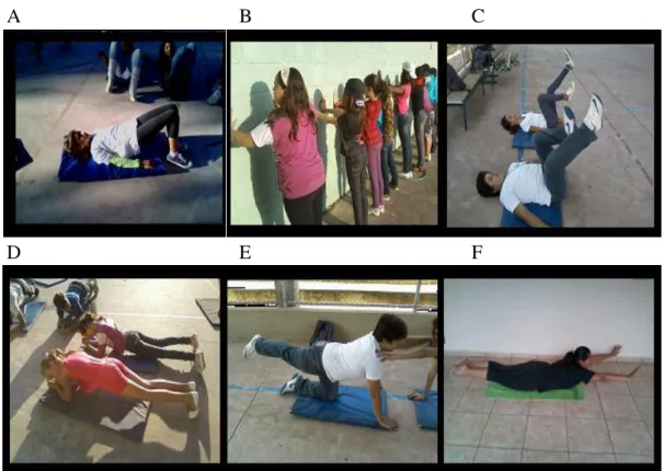 Figura 2. Exemplos de exercícios realizados durante o programa. A: Ponde dorsal; B: 
