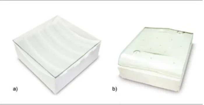 Fig. 9. a) Ceramic mould with the glass on top; b) thermoformed glass part over the ceramic mould