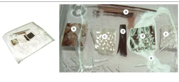 Fig. 15. Thermoformed part and detail of the inclusion of decorative motifs; a) Kevlar fibres, b) aluminium foil,  c) glass fibres, d) carbon fibres, and e) gas bubbles