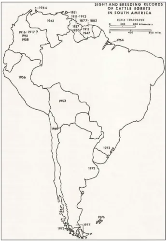 Figura 3. Registros de avistamento e reprodução na América do Sul. Fonte: adaptado  do livro “The Cattle Egret: a Texas focus and world view” (Telfair,  1983)