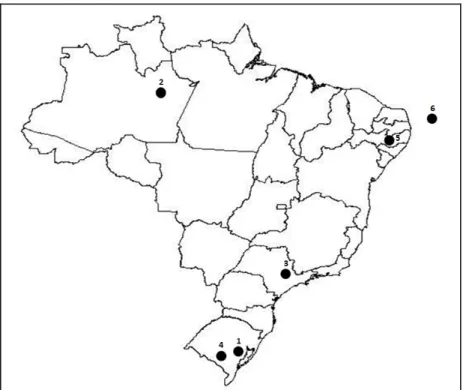 Figura 4. Pontos de coleta de amostras de Bubulcus ibis no Brasil. 1) Barra do Ribeiro  (RS); 2) Manaus (AM); 3) Rio Claro (SP); 4) Eldorado do Sul (RS); 5) Garanhuns (PE)  e 6) Fernando de Noronha (PE)