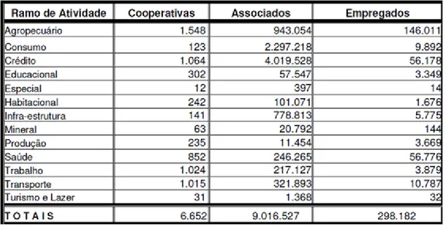 Tabela 1: O cooperativismo por ramo de atividade no Brasil em 2010 