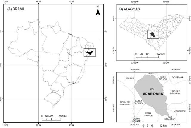 Figura 1. Localização do Estado de Alagoas no Brasil (A), destacando-se o município de  Arapiraca (B)