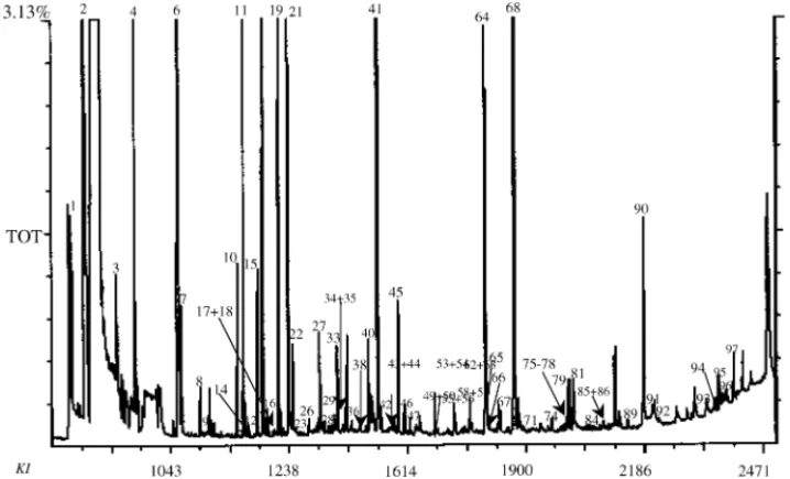 Fig. 1. Typical total ion current (TIC) chromatogram of a Malvazia wine sample obtained by HS-SPME/GC–MS using a 85 ␮m PA fibre