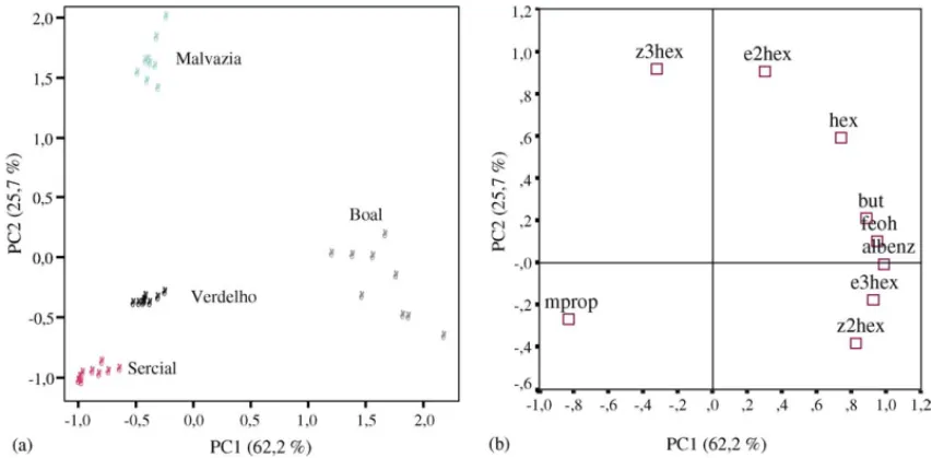 Fig. 3. PC1 vs. PC2 scatter plot of the main sources of variability between the Madeira wines (a) distinction between the samples (scores) and (b) relation between the nine higher alcohols (loadings).