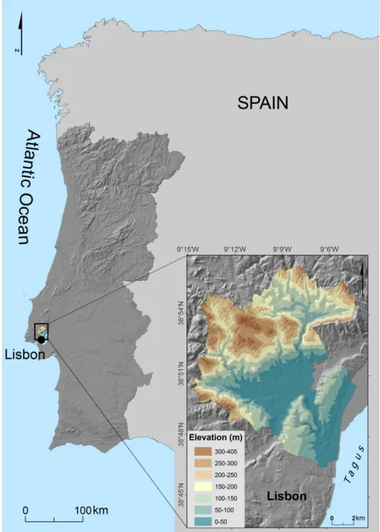 Fig. 1.1 - Geographic situation and elevation of Loures Municipality 