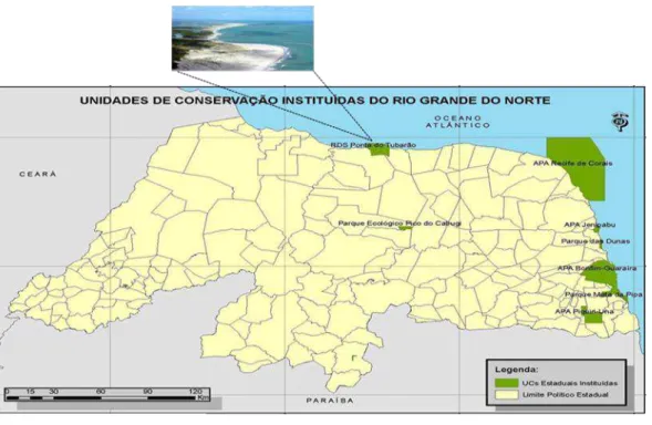 Figura 3: Áreas protegidas instituídas no Rio Grande do Norte com ênfase para  a Reserva de Desenvolvimento Sustentável Estadual Ponta do Tubarão