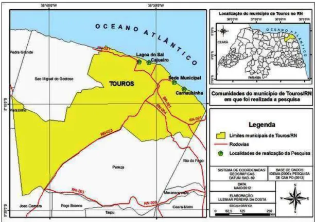 Figura 1 - Mapa do município de Touros e das comunidades pesqueiras em estudo . 