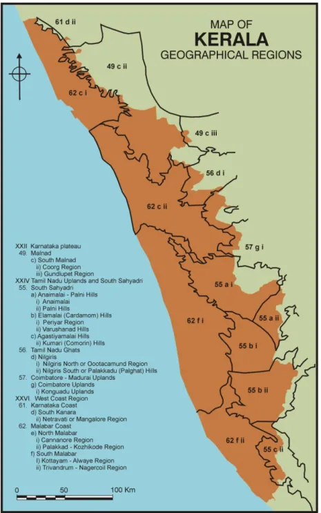 Fig 1.3: Showing the fifteen geographical regions entirely or partly located in Kerala  (Illustration A