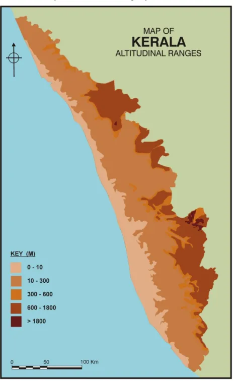 Fig 1.4.Figure showing altitudinal ranges in Kerala   (Illustration A. George, Adapted from SOMAN 2002) 