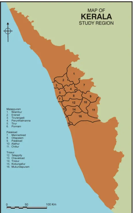 Fig 3.3. Map of Kerala showing the taluks under study (Illustration: A. George)  The  study  region  has  so  far  not  yielded  any  habitation  evidence