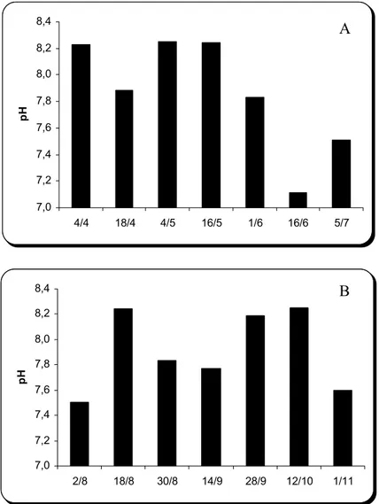Figura 07 – Variação quinzenal do pH registrada nos períodos chuvoso (A) e seco (B), durante o cultivo  experimental de G
