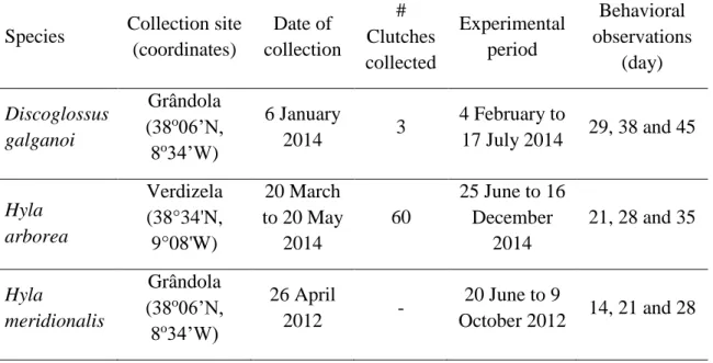 Table  1.  Species  origin  and  experimental  procedures  details.  Collection  site;  date  of  collection; 