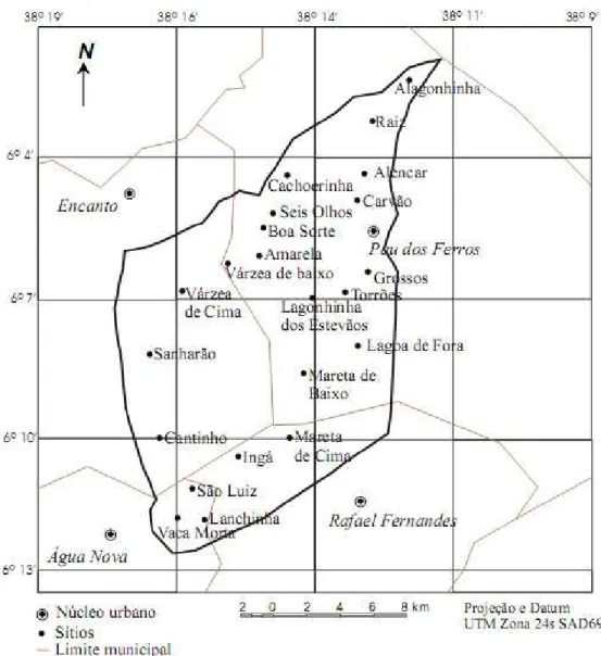Figura 02: Localização da área urbana e dos Sítios do Riacho Cajazeiras/RN.  Fonte: Malha do IBGE, 2010 e pesquisa de campo realizada pelo autor, 2010
