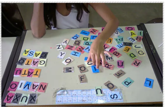 Figura 6: As crianças estão utilizando o alfabeto móvel, formando palavras, brincando com  as letras